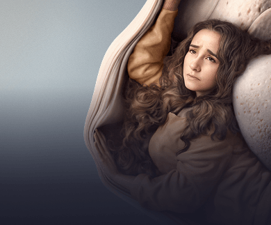 A young woman with her body uncomfortably wrapped around a bone joint